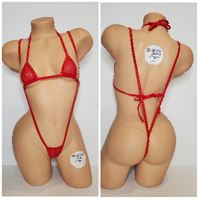 Red Mesh *Semi Sheer* with Red Trim 2pc Bikini Set One Size-2