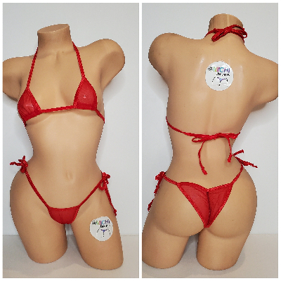 Red Mesh *Semi Sheer* with Red Trim 2pc Bikini Set One Size-4