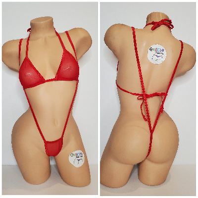 Red Mesh *Semi Sheer* with Red Trim 2pc Bikini Set One Size-5