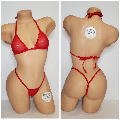 Red Mesh *Semi Sheer* with Red Trim 2pc Bikini Set One Size-6
