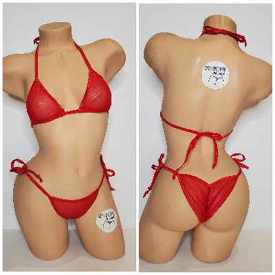 Red Mesh *Semi Sheer* with Red Trim 2pc Bikini Set One Size-7