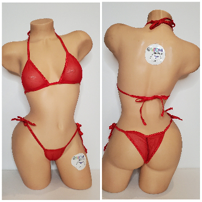 Red Mesh *Semi Sheer* with Red Trim 2pc Bikini Set One Size-8
