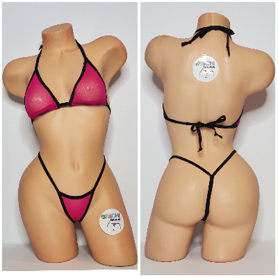 Magenta Pink Mesh ***VERY SHEER*** with Your Choice Trim Color  2 Piece Micro Bikini Set-0