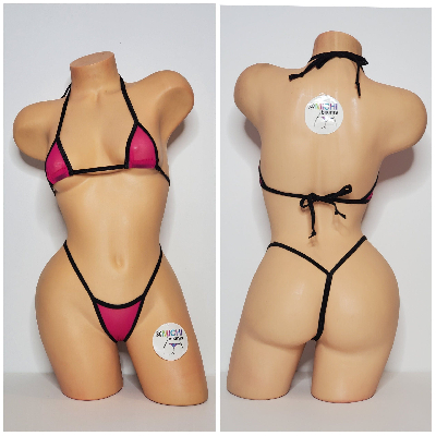 Magenta Pink Mesh ***VERY SHEER*** with Your Choice Trim Color  2 Piece Micro Bikini Set-1