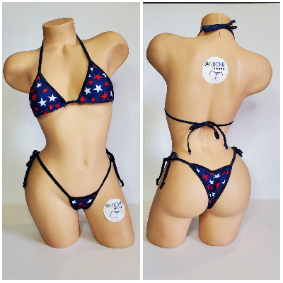 Navy with Red and White Stars with Your Choice Trim Color 2 Piece String Bikini Set One Size-0