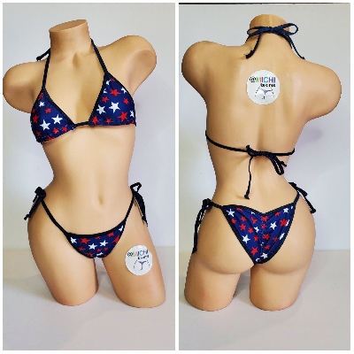 Navy with Red and White Stars with Your Choice Trim Color 2 Piece String Bikini Set One Size-2