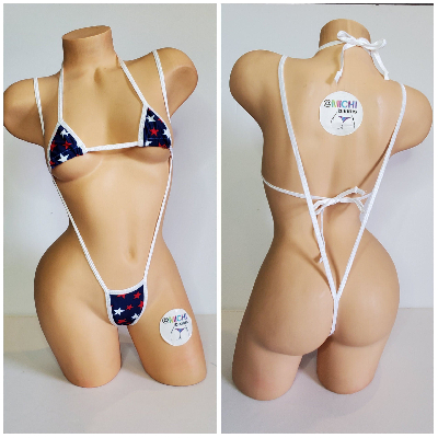 Navy with Red and White Stars with Your Choice Trim Color 2 Piece String Bikini Set One Size-5