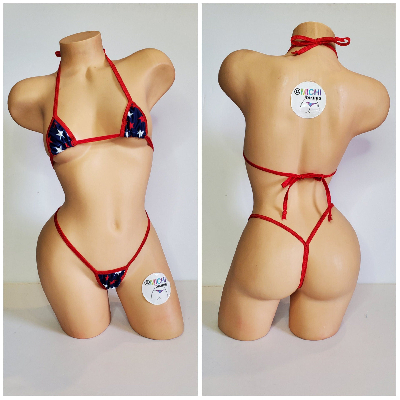 Navy with Red and White Stars with Your Choice Trim Color 2 Piece String Bikini Set One Size-7