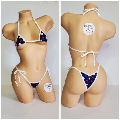 Navy with Red and White Stars with Your Choice Trim Color 2 Piece String Bikini Set One Size-10