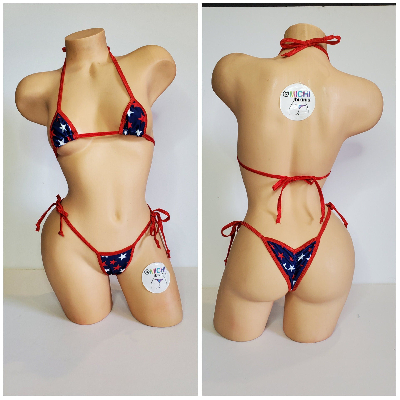 Navy with Red and White Stars with Your Choice Trim Color 2 Piece String Bikini Set One Size-11