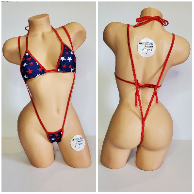 Navy with Red and White Stars with Your Choice Trim Color 2 Piece String Bikini Set One Size-13