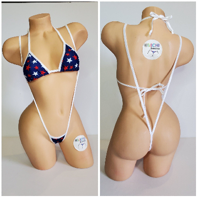 Navy with Red and White Stars with Your Choice Trim Color 2 Piece String Bikini Set One Size-14