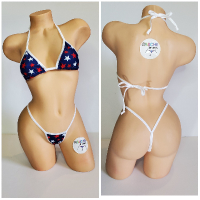 Navy with Red and White Stars with Your Choice Trim Color 2 Piece String Bikini Set One Size-16