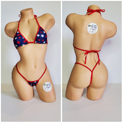 Navy with Red and White Stars with Your Choice Trim Color 2 Piece String Bikini Set One Size-17
