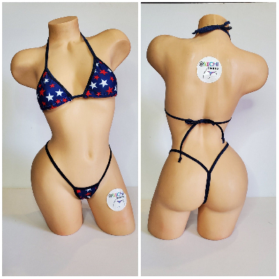 Navy with Red and White Stars with Your Choice Trim Color 2 Piece String Bikini Set One Size-18