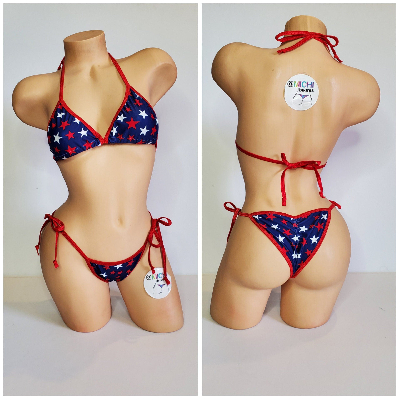 Navy with Red and White Stars with Your Choice Trim Color 2 Piece String Bikini Set One Size-20