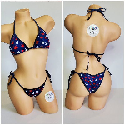 Navy with Red and White Stars with Your Choice Trim Color 2 Piece String Bikini Set One Size-21