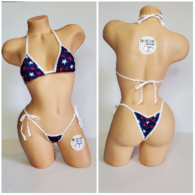 Navy with Red and White Stars with Your Choice Trim Color 2 Piece String Bikini Set One Size-23