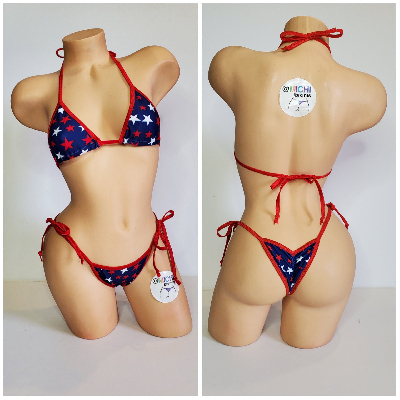 Navy with Red and White Stars with Your Choice Trim Color 2 Piece String Bikini Set One Size-24