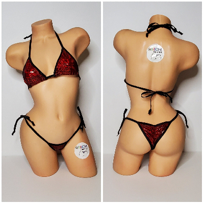 Metallic Red Snake Skin Pattern w Black Trim 2 Piece Micro String Bikini Set One Size-1