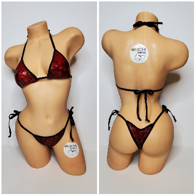 Metallic Red Snake Skin Pattern w Black Trim 2 Piece Micro String Bikini Set One Size-2