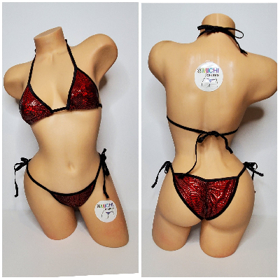 Metallic Red Snake Skin Pattern w Black Trim 2 Piece Micro String Bikini Set One Size-3