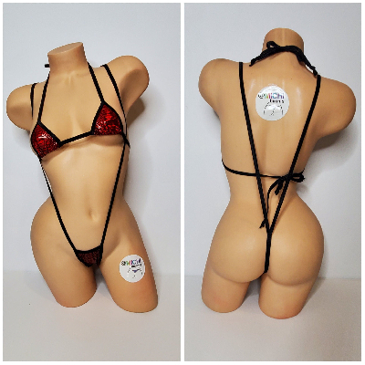Metallic Red Snake Skin Pattern w Black Trim 2 Piece Micro String Bikini Set One Size-5