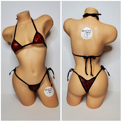 Metallic Red Snake Skin Pattern w Black Trim 2 Piece Micro String Bikini Set One Size-6