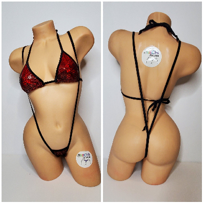 Metallic Red Snake Skin Pattern w Black Trim 2 Piece Micro String Bikini Set One Size-7