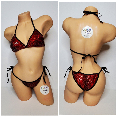 Metallic Red Snake Skin Pattern w Black Trim 2 Piece Micro String Bikini Set One Size-8