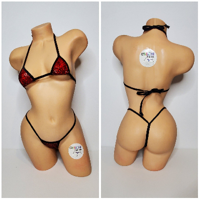 Metallic Red Snake Skin Pattern w Black Trim 2 Piece Micro String Bikini Set One Size-9