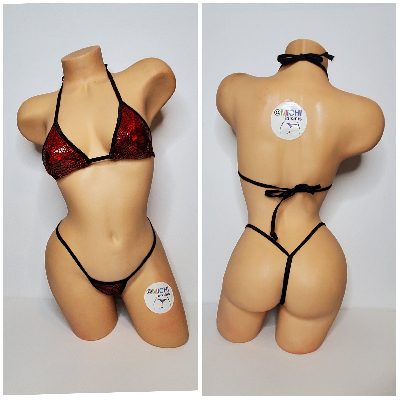 Metallic Red Snake Skin Pattern w Black Trim 2 Piece Micro String Bikini Set One Size-10