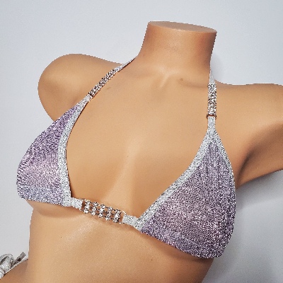 Glittery Silver w/ Rhinestone Details w/ Silver Glitter Trim Medium Coverage Top Scrunch Butt 2 Piece Micro String Bikini Set