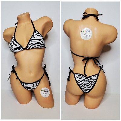 White w/ Black Zebra Stripes Print Black Trim 2pc Micro String Bikini Set One Size-0