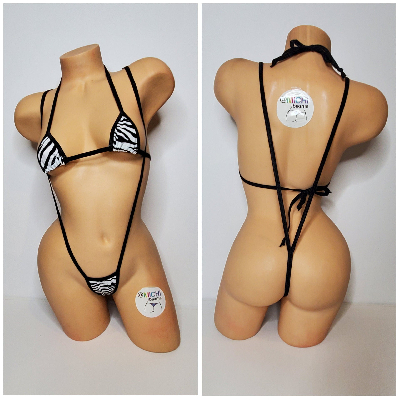 White w/ Black Zebra Stripes Print Black Trim 2pc Micro String Bikini Set One Size-2