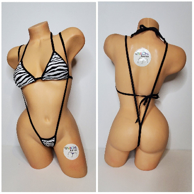 White w/ Black Zebra Stripes Print Black Trim 2pc Micro String Bikini Set One Size-3