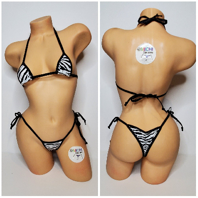 White w/ Black Zebra Stripes Print Black Trim 2pc Micro String Bikini Set One Size-5