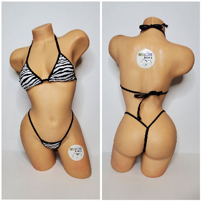 White w/ Black Zebra Stripes Print Black Trim 2pc Micro String Bikini Set One Size-6