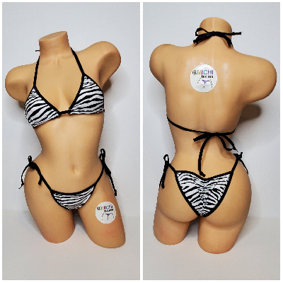 White w/ Black Zebra Stripes Print Black Trim 2pc Micro String Bikini Set One Size-7