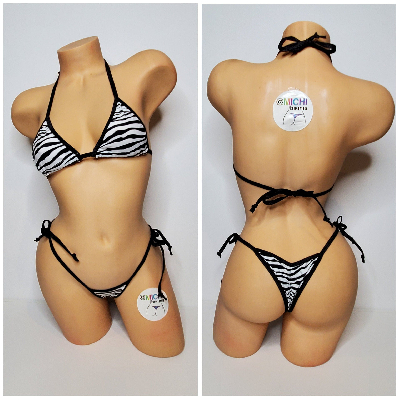 White w/ Black Zebra Stripes Print Black Trim 2pc Micro String Bikini Set One Size-8