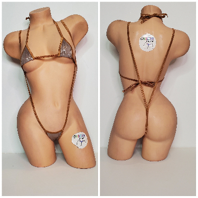 Shimmery Tan Ultra Thin Fabric w Tan Trim  2 Piece Micro Bikini Set One Size-1