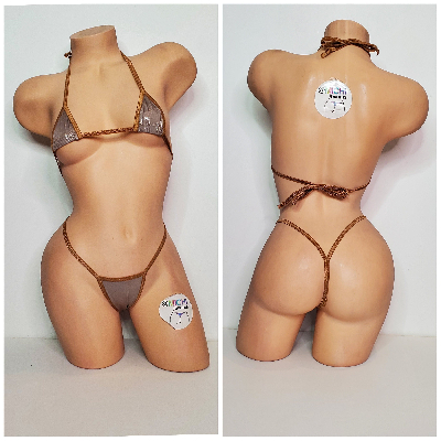 Shimmery Tan Ultra Thin Fabric w Tan Trim  2 Piece Micro Bikini Set One Size-2