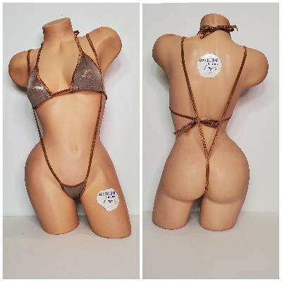 Shimmery Tan Ultra Thin Fabric w Tan Trim  2 Piece Micro Bikini Set One Size-3