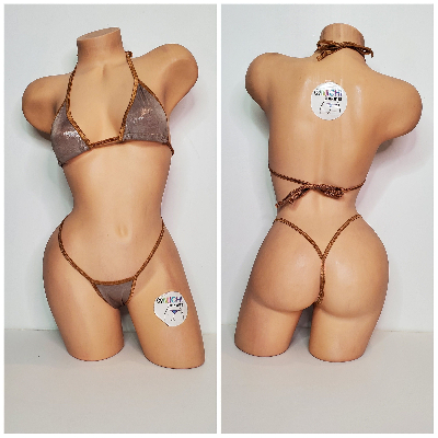 Shimmery Tan Ultra Thin Fabric w Tan Trim  2 Piece Micro Bikini Set One Size-4