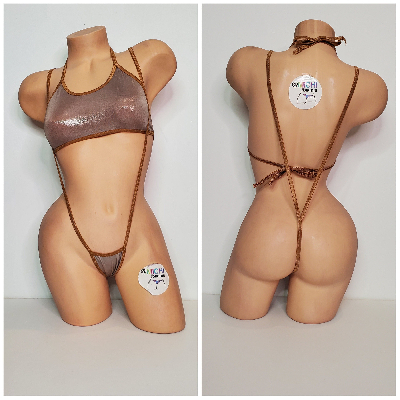 Shimmery Tan Ultra Thin Fabric w Tan Trim  2 Piece Micro Bikini Set One Size-5