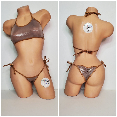 Shimmery Tan Ultra Thin Fabric w Tan Trim  2 Piece Micro Bikini Set One Size-6