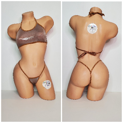 Shimmery Tan Ultra Thin Fabric w Tan Trim  2 Piece Micro Bikini Set One Size-7