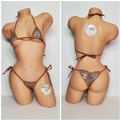Shimmery Tan Ultra Thin Fabric w Tan Trim  2 Piece Micro Bikini Set One Size-8