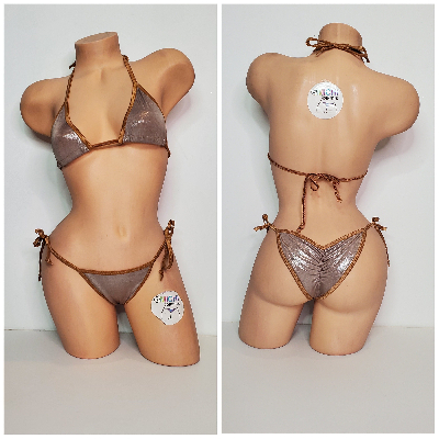 Shimmery Tan Ultra Thin Fabric w Tan Trim  2 Piece Micro Bikini Set One Size-9
