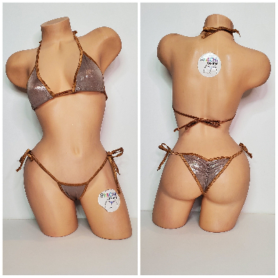 Shimmery Tan Ultra Thin Fabric w Tan Trim  2 Piece Micro Bikini Set One Size-10